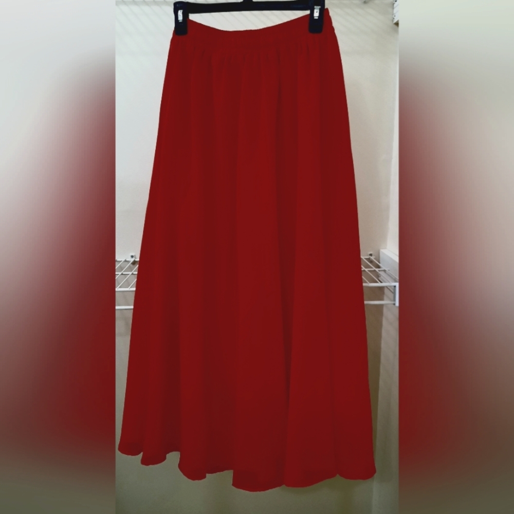 Cherry Red lined Chiffon Midi Skirt, Size Small.